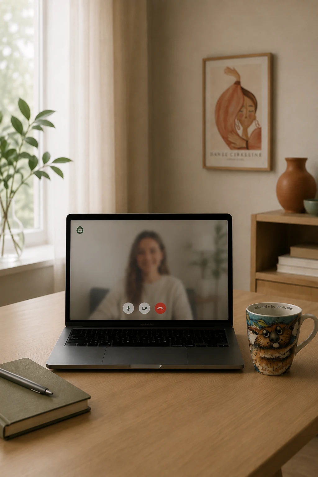 Bærbar PC som viser en online terapisamtale i et rolig interiør